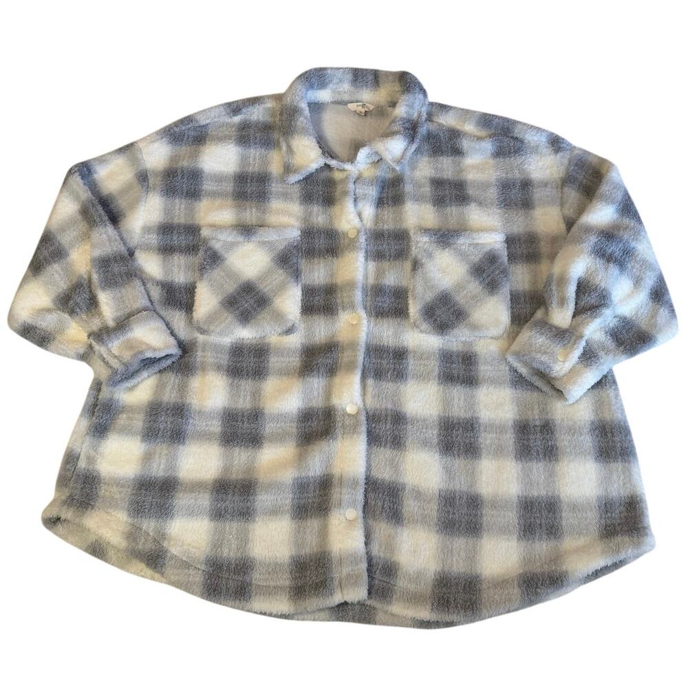 Terra & Sky Cozy Loungewear Fleece Gray & White Plaid Button Up Core Jacket 3X